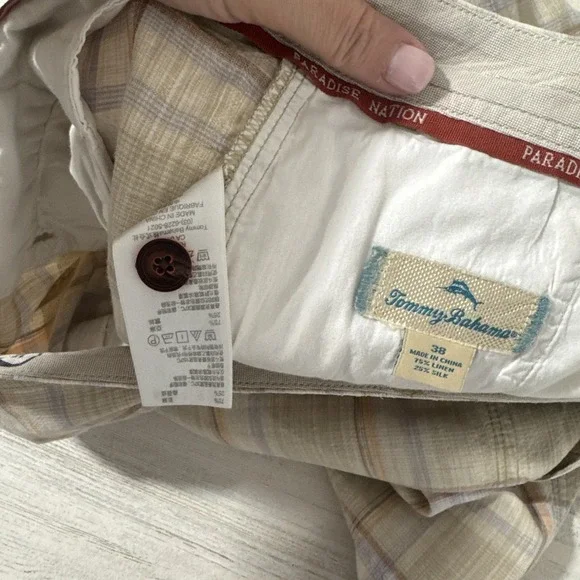 Tommy Bahama Silk Linen Shorts Mens 38 Tan Beige Plaid 10" Inseam - Picture 12 of 15
